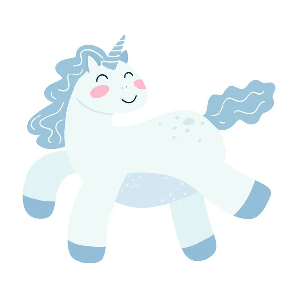 Cute unicorn in cartoon flat style. Vector illustration of baby horse, pony animal in blue color for fabric print, apparel, children textile design, card.