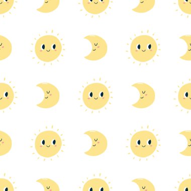 Gülümseyen kawaii ay ve güneşi olan kusursuz bir desen. Paket kağıdı, kumaş baskısı, çocuk tekstili, kapak, kart tasarımı için vektör el çizimi.