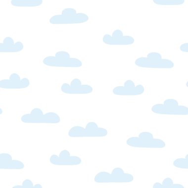 Beyaz arkaplanda karikatür bulutları olan kusursuz bir desen. Paket kağıdı, kumaş baskısı, çocuk tekstili, kapak, kart tasarımı için el çizimi vektör dokusu.