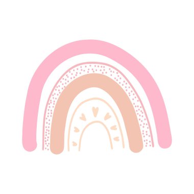 El çizimi sevimli gökkuşağı çizgi filmi. Modern İskandinav gökkuşağının vektör çizimi, çocukların poster, kumaş baskısı, kart, çocuk kıyafeti tasarımı.