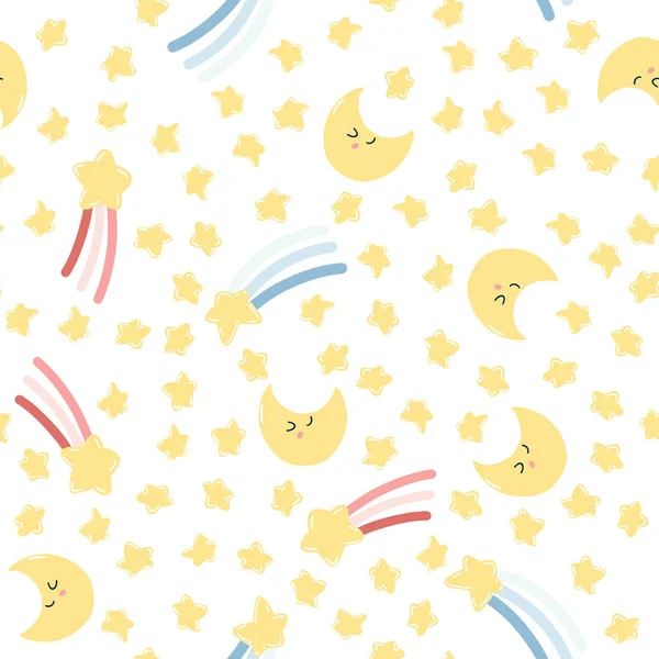 Seamless pattern with cute kawaii moon and falling stars. Vector hand drawn texture for wrapping paper, fabric print, kids textile, cover, card design.