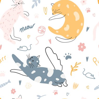 Renkli kedilerle kusursuz bir desen. Paket kağıdı, kumaş baskısı, çocuk tekstili, kapak, kart tasarımı için kedi yavrularının el çizimi çizimi çizimi.