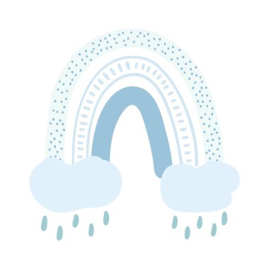 Bulut ve yağmur damlalarıyla çizilmiş güzel bir çizgi film. Modern İskandinav gökkuşağının vektör çizimi, çocukların poster, kumaş baskısı, kart, çocuk kıyafeti tasarımı.
