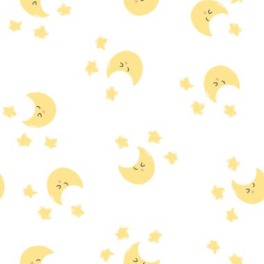 Şirin Kawaii ayı ve beyaz arka planda yıldızlar olan kusursuz bir desen. Paket kağıdı, kumaş baskısı, çocuk tekstili, kapak, kart tasarımı için vektör el çizimi.