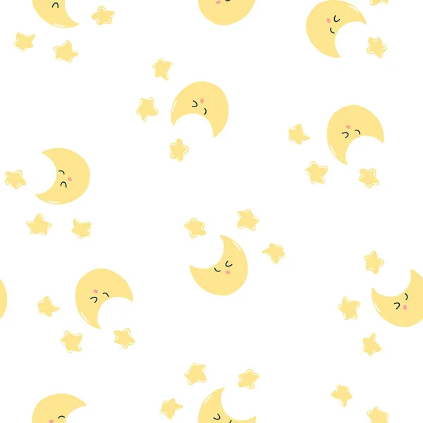Seamless pattern with cute kawaii moon and stars on white background. Vector hand drawn texture for wrapping paper, fabric print, kids textile, cover, card design.