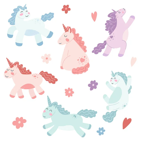 Set Unicorn Lucu Dalam Gaya Rata Kartun Vektor Ilustrasi Bayi - Stok Vektor