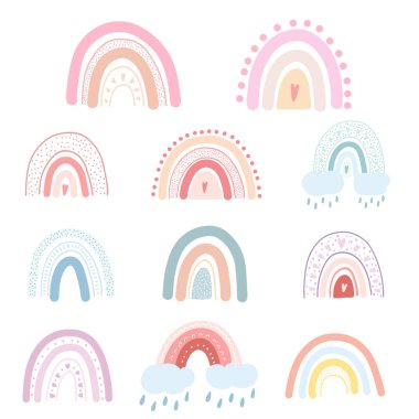 Kalpli, bulutlu, yağmur damlalı el çizimleri. Renkli gökkuşağı rengarenk gökkuşağı çocuk İskandinav tarzı kumaş baskısı, giyim, çocuk tekstil tasarımı, kart.