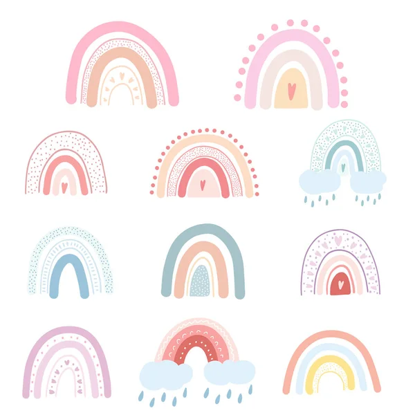 Conjunto Arco Iris Dibujado Mano Con Corazones Nubes Gotas Lluvia — Vector de stock