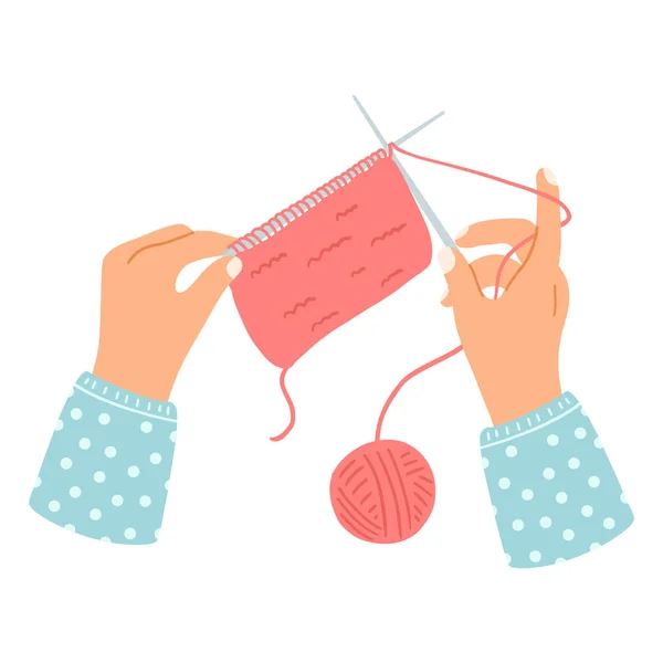 手は編み針と糸を保持します 手描きの編み工程のベクトルイラスト 趣味の概念 余暇時間 — ストックベクタ