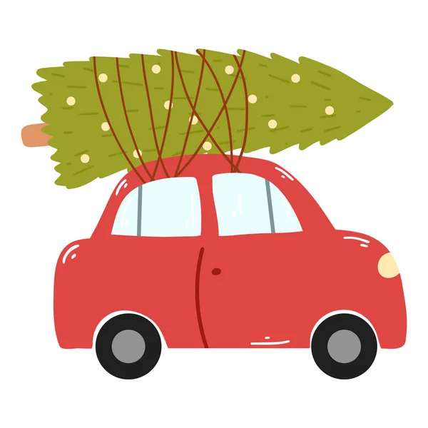 Retro Červené Auto Vánočním Stromečkem Kresleném Plochém Stylu Ručně Kreslená — Stockový vektor