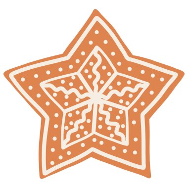 Çizgi film tarzında Noel kurabiyesi. Kış bayramı yemeklerinin el çizimi çizimi temsili, Noel yıldızı.