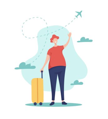 Gezgin havaalanına vardı. Elinde bavul dalgaları olan bir adam, selamlaşmanın işaretini gösteriyor..