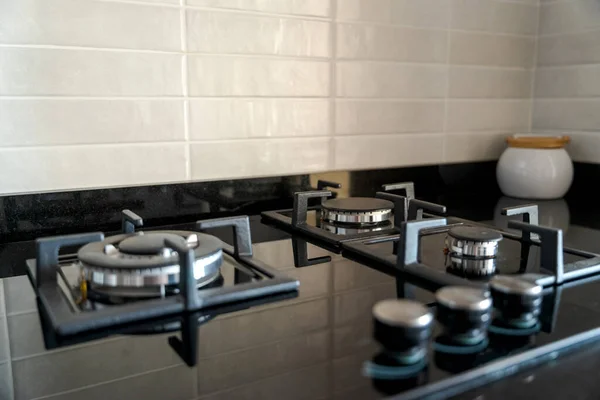 Close Kitchen Cooker Black Gas Hobs Black Marble — Stock Photo, Image