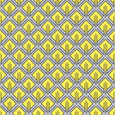 Sarı eşkenar dörtgenler ve diğer kıvrımlı elementlerle soyut geometrik desen. Kusursuz bir arka plan, basit bir dış görünüş. Göze çarpan reklam projelerinizden herhangi birinin modaya uygun ve göz alıcı dekorasyonu..