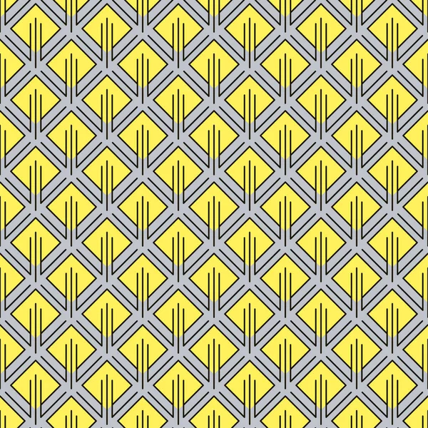 带黄色菱形和其他卷曲元素的几何图案 无缝隙的背景 简洁的轮廓装饰 你的任何一个大胆的广告项目的时尚和迷人的装饰 — 图库矢量图片