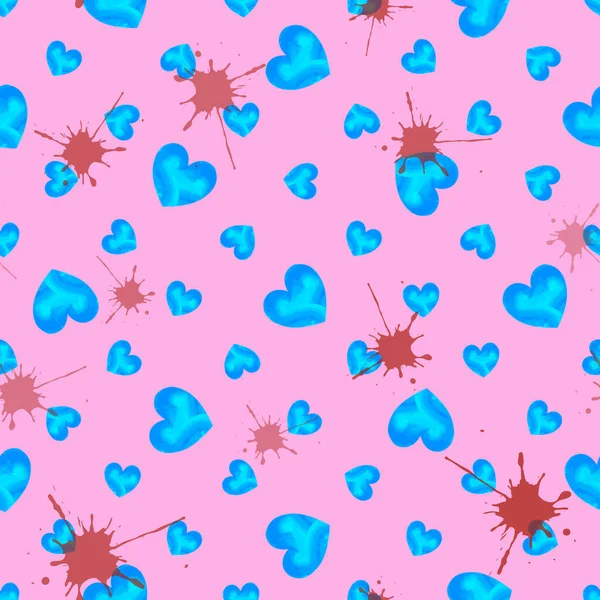 Bezešvé Vzor Modré Akvarel Srdce Různé Velikosti Vínová Skvrny Levandulovém — Stockový vektor
