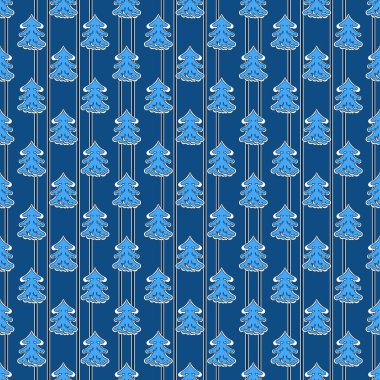 Mavi ve beyaz renklerde kusursuz soyut baskı. Mavi karla kaplı köknar ağaçları, koyu mavi ve beyaz dikey çizgili gök mavisi arka plan. Cesur tasarım ve reklam projeleriniz için ideal..