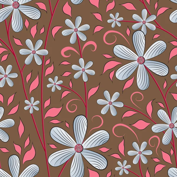Seamless Floral Pattern Pale Blue Flowers Purplish Pink Leaves Carmine — Stock Vector