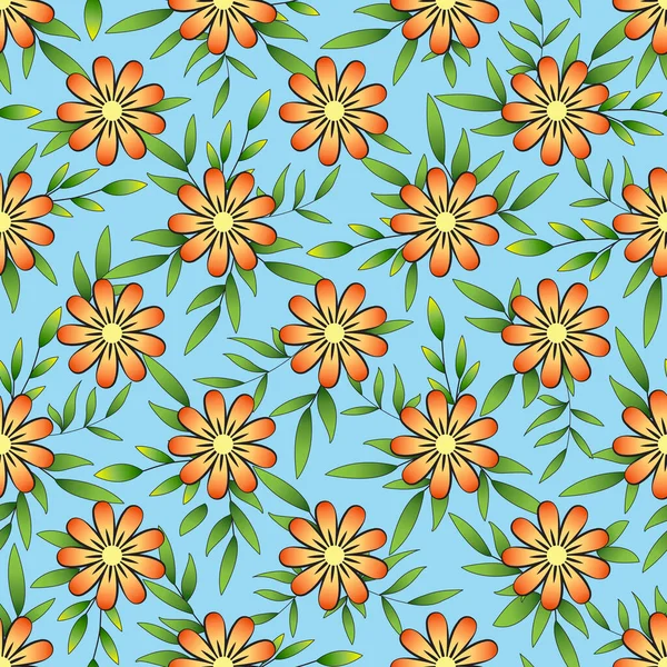 Seamless Floral Pattern Bright Sunny Print Orange Yellow Black Outline — Stock Vector