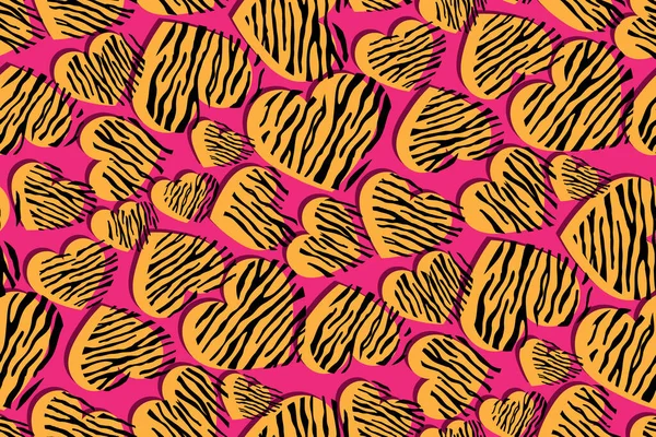 Patrón Glamoroso Brillante Sin Costuras Corazones Anaranjados Con Estampado Tigre — Vector de stock