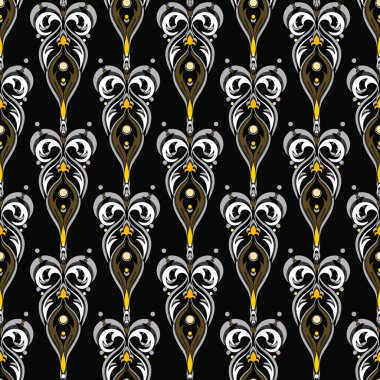 Doğu tarzında kıvırcık elementlerin karanlık, lüks, pürüzsüz deseni. Pürüzsüz hatları ve siyah arka planda girdapları olan zarif bir doku. Cesur tasarım ve reklam projeleriniz için ideal..