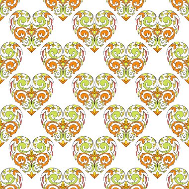 Kusursuz bir iz, çiçek desenli oryantal şekilli kalpler, beyaz arka plan. Kumaşlar, tekstil, hediye paketleme tasarımı, basılı malzemeler, reklamlar ve diğer şeyler için harika..