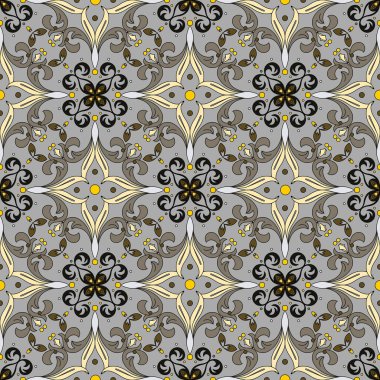 Gri ve sarı renklerde gösterişli, pürüzsüz bir desen. Barok tarzı doğulu, güzel klasik dekoratif elementler. Herhangi bir iç mekan için güzel ve şık bir dekorasyon..