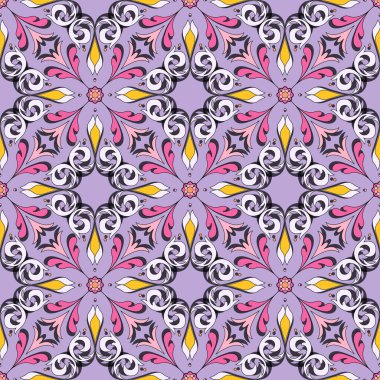 Renkli kıvırcık çiçekli elementlerin parlak, pürüzsüz deseni. Girdaplardan ve dalgalı çizgilerden soyut çiçekler ve dallar. Herhangi bir iç mekan için güzel ve şık bir dekorasyon..