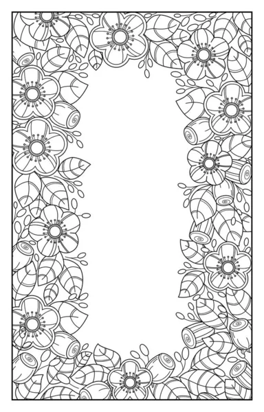 様式化された輪郭黒と白の花 葉や果実と芽の美しい花のフレーム グリーティングカード 着色ページ 招待状その他の広告プロジェクトのテンプレート — ストックベクタ