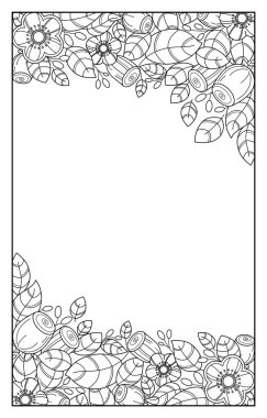 Çiçek deseni. Şekillendirilmiş çiçek ve yapraklarla çevrili iki yarı dairesel kenar. Siyah ve beyaz tasarım. Tebrik kartları, boyama sayfaları, davetiyeler veya diğer reklam projeleri için şablon