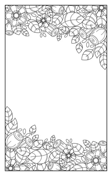 Çiçek deseni. Şekillendirilmiş çiçek ve yapraklarla çevrili iki yarı dairesel kenar. Siyah ve beyaz tasarım. Tebrik kartları, boyama sayfaları, davetiyeler veya diğer reklam projeleri için şablon