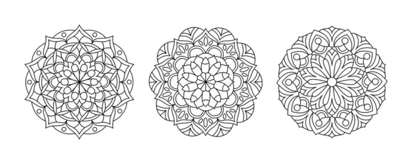 Три Векторні Набори Мандали Колекція Розмальовок Дорослих Кругла Закономірність Медитативного — стоковий вектор
