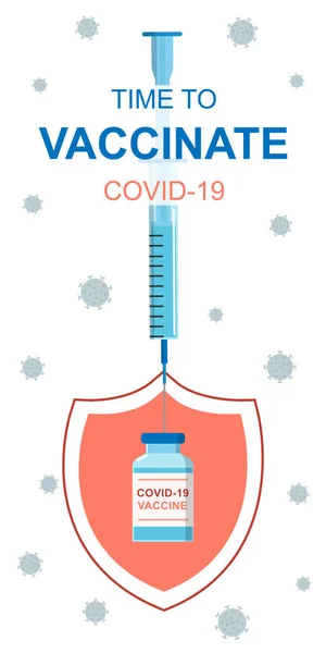 是时候接种垂直载体横幅了 针对考罗那病毒载体的疫苗接种 注射器与疫苗瓶在盾牌前 Covid 19型防护注射 — 图库矢量图片