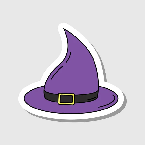 Vektör çizgi film cadı şapkası çıkartması. Siyah çizgili renkli Cadılar Bayramı şapkası. Sihirbaz şapkasının silueti