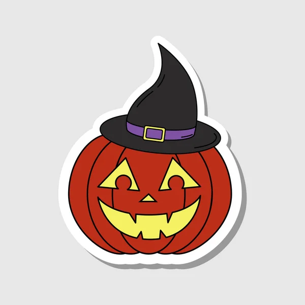 Dynia Wektorowa Uśmiechniętą Twarzą Naklejką Kapeluszu Czarownicy Izolowane Kolorowe Halloween — Wektor stockowy