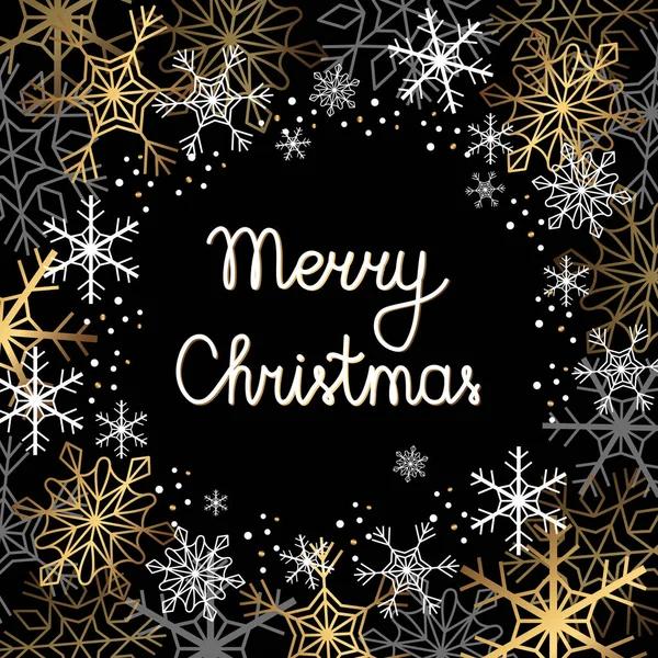 Kar taneleri ve noktaları olan yuvarlak bir çerçeve. Mutlu noeller çelenge harfler çizdi. İzole edilmiş altın ve beyaz kar taneleri daire şeklinde dizilmiş.
