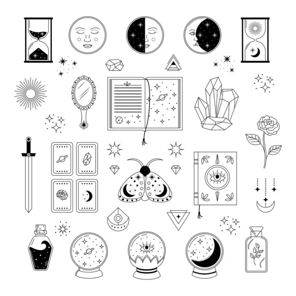 Vector Set Esoterical Elements Symbols Line Art Magical Objects Celestian — Stock Vector