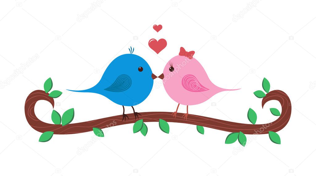 Cartoon cute birds on branch. Spring vector illustration in flat style. Vlentine's day symbols