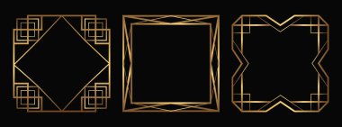 Altın dekoratif çerçeveler. İzole edilmiş Art Deco, boş alanla sınırlarını belirler. Satır sanatının süslü çerçeveleri