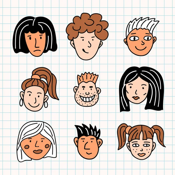 Doodle insanların yüzüne baktı. Vektör el insan kafalarının simgelerini çizdi.