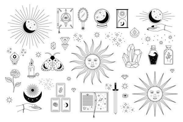 Vector Set Esoterical Solar Elements Symbols Line Art Magical Objects — Stock Vector
