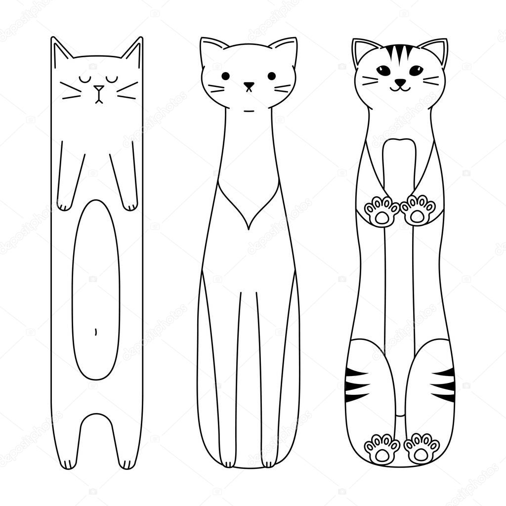 Vector linear cartoon cats on white background. Cute pets set for coloring