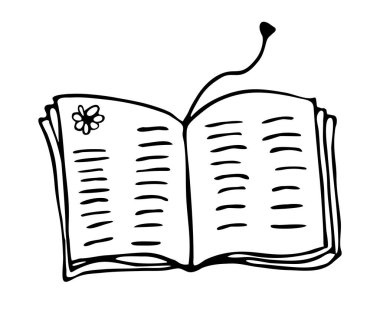 Vektör karalama kitap ayracıyla açıldı. Beyaz arkaplan üzerine ders kitabının izole edilmiş doğrusal resmi