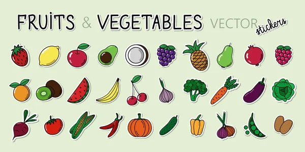 Großes Set Von Vektoraufklebern Für Obst Beeren Und Gemüse Sammlung — Stockvektor