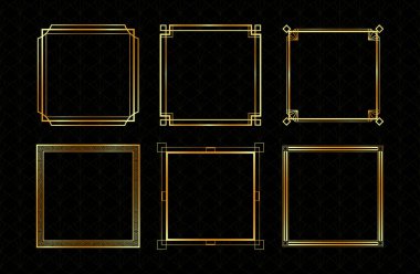 Vektör altın çerçeveler kümesi. Art Deco kare çerçeve koleksiyonu koyu arkaplanda