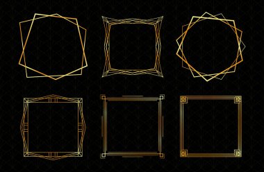 Vektör altın çerçeveler kümesi. Art Deco geometrik sınır koleksiyonu koyu arkaplanda