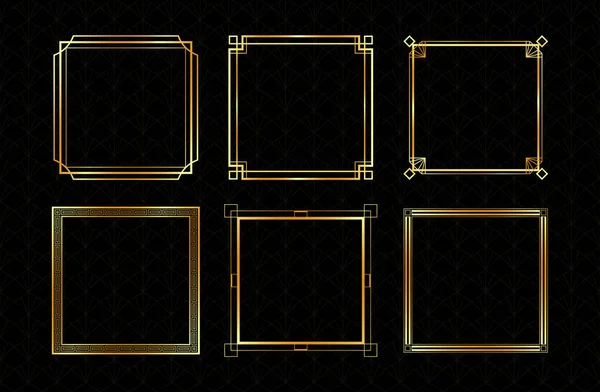 Vektör altın çerçeveler kümesi. Art Deco kare çerçeve koleksiyonu koyu arkaplanda