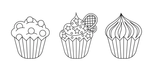 Lineare Vektor Cupcake Sticker Set Drei Isolierte Umrisse Süßes Dessert — Stockvektor