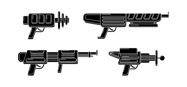 Coleta Blasters Glifo Vetorial Quatro Pistolas Brinquedo Selos Borracha Preta — Vetor de Stock