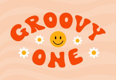 Vector Groovy One 'ın gülümseyen kafalı ve papatyalı posteri. 70 'lerin dalgalı arka planlı posteri